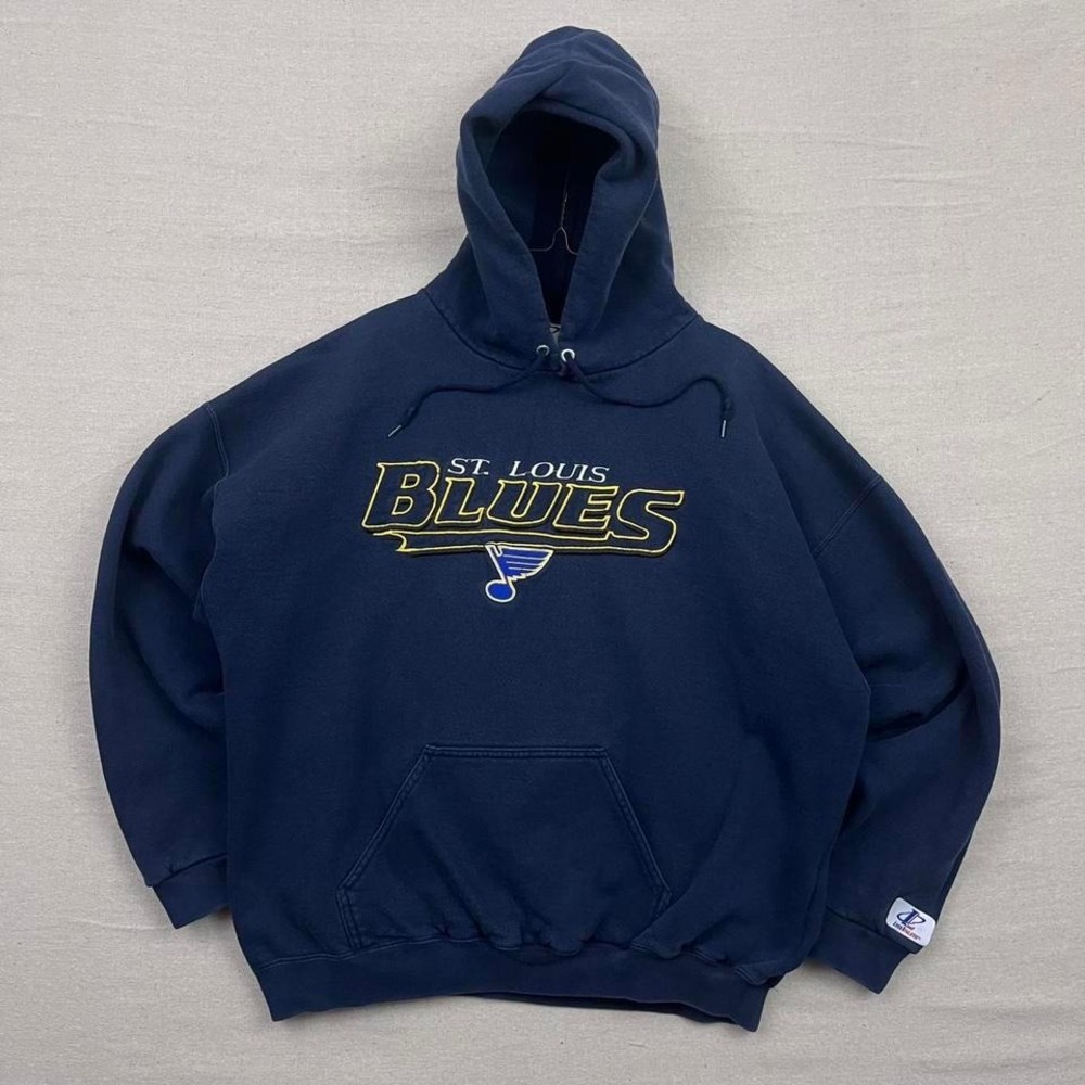 VTG 90s Logo Athletic St. Louis Blues NHL Embroidered Pullover Navy Blue Hoodie‎
